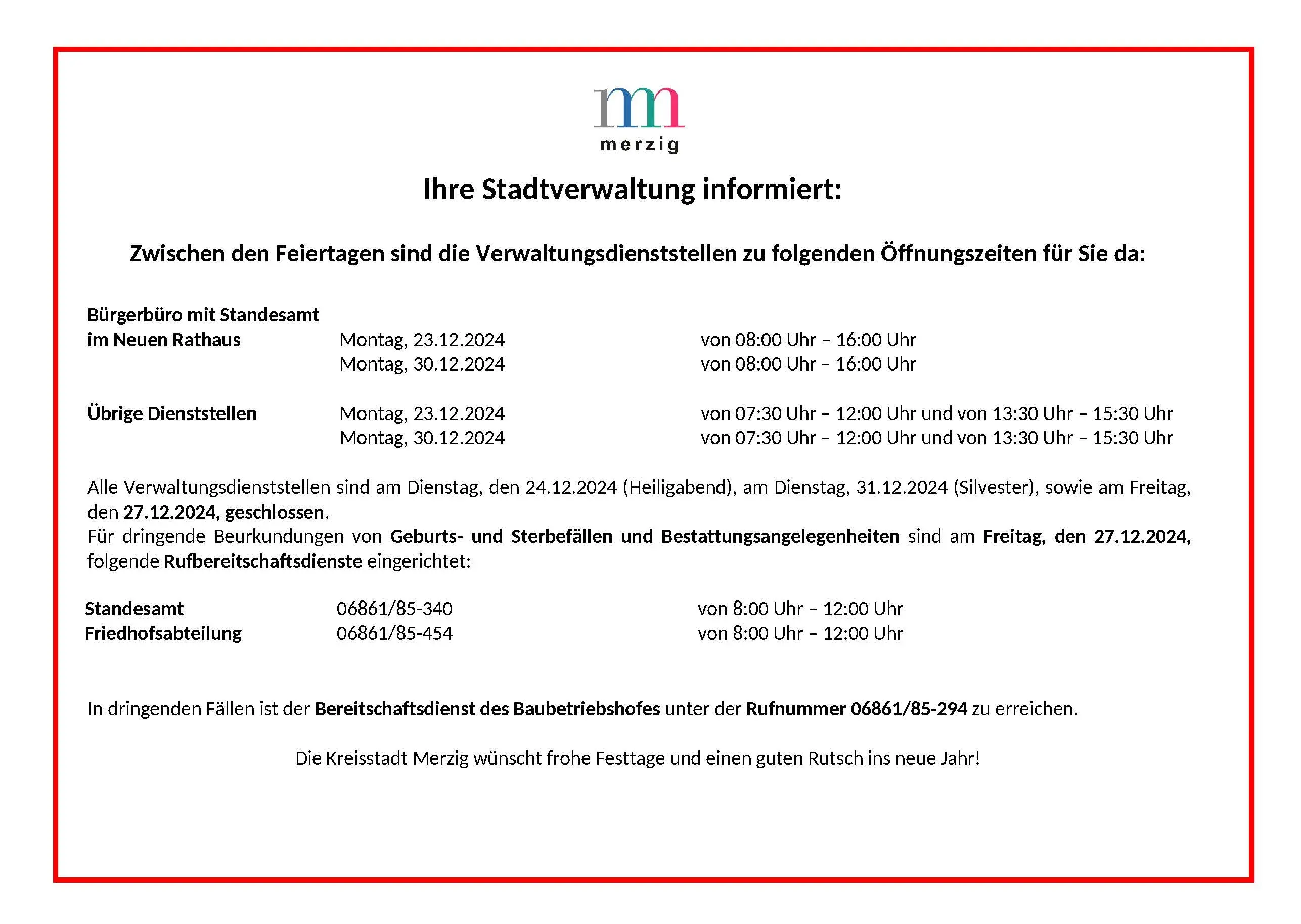 Öffnungszeiten der Verwaltung